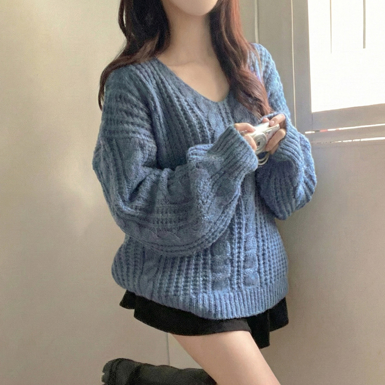 ケーブルVネックルーズフィットニット(5color) BLUE