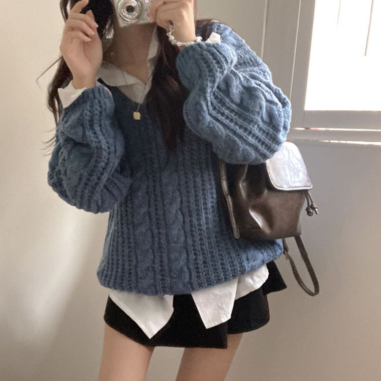 ケーブルVネックルーズフィットニット(5color) BLUE