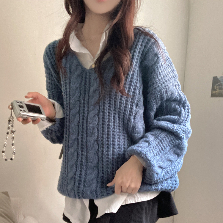 ケーブルVネックルーズフィットニット(5color) BLUE