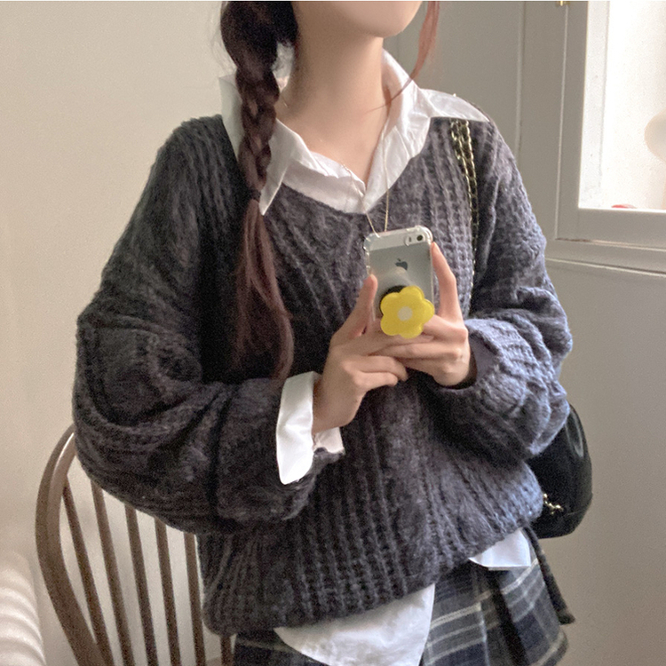 ケーブルVネックルーズフィットニット(5color) CHARCOAL