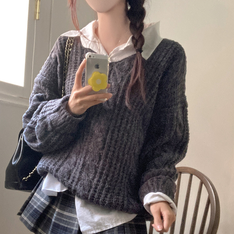 ケーブルVネックルーズフィットニット(5color) CHARCOAL