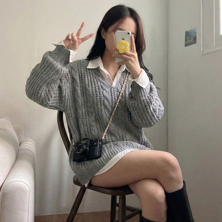 ケーブルVネックルーズフィットニット(5color) GREY