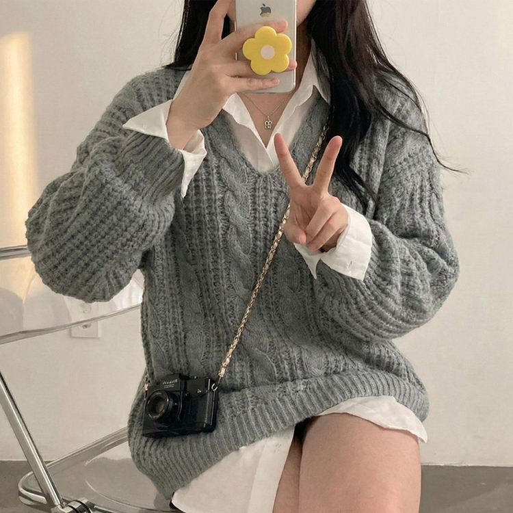 ケーブルVネックルーズフィットニット(5color) GREY