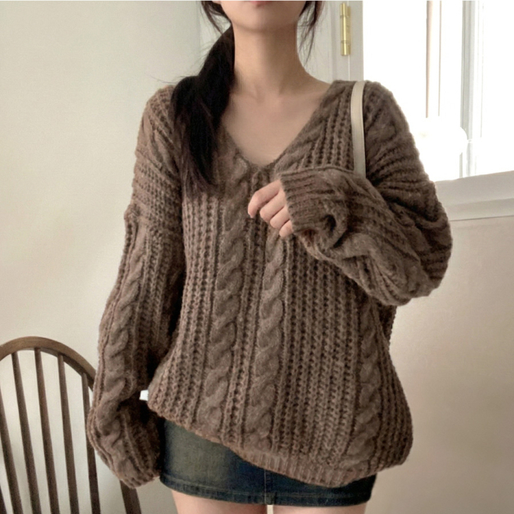 ケーブルVネックルーズフィットニット(5color) BROWN