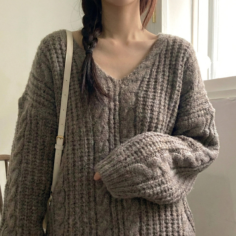 ケーブルVネックルーズフィットニット(5color) BROWN