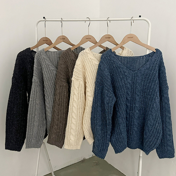 ケーブルVネックルーズフィットニット(5color)