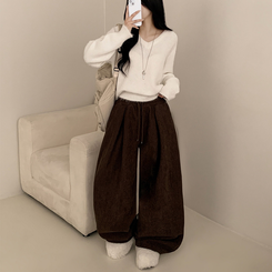 【丈別】【起毛】コーデュロイダブルピンタックトレーニングパンツ(6color) BROWN