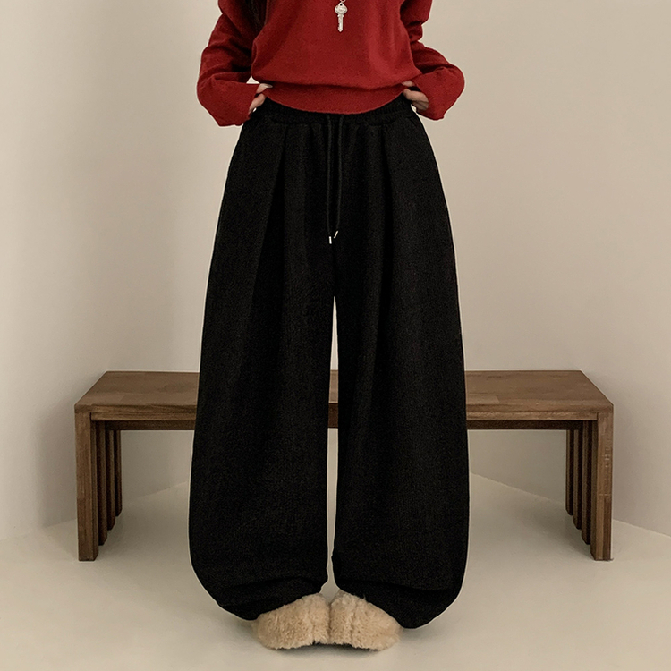 【丈別】【起毛】コーデュロイダブルピンタックトレーニングパンツ(6color) BLACK