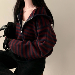 ストライプニットフードジップアップ PLUM