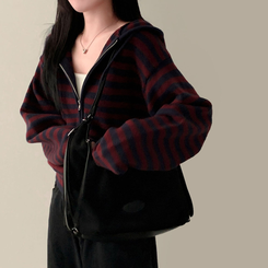 ストライプニットフードジップアップ PLUM