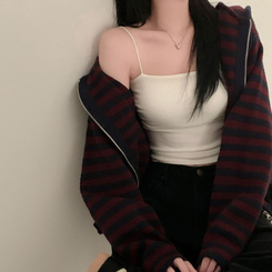 ストライプニットフードジップアップ PLUM