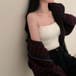 ストライプニットフードジップアップ PLUM