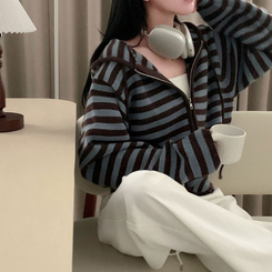 ストライプニットフードジップアップ AQUA