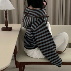 ストライプニットフードジップアップ AQUA