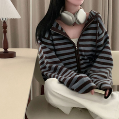 ストライプニットフードジップアップ AQUA