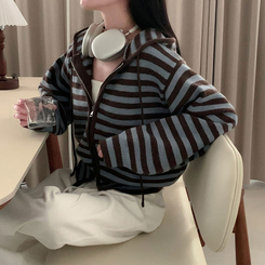 ストライプニットフードジップアップ AQUA