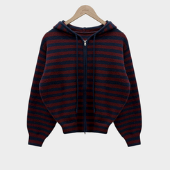 ストライプニットフードジップアップ