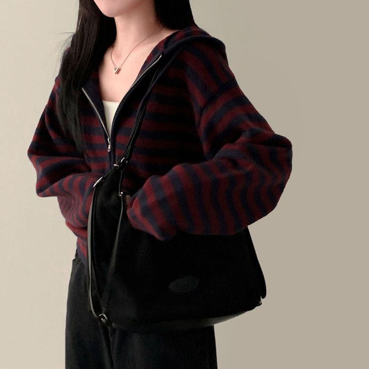 ストライプニットフードジップアップ PLUM