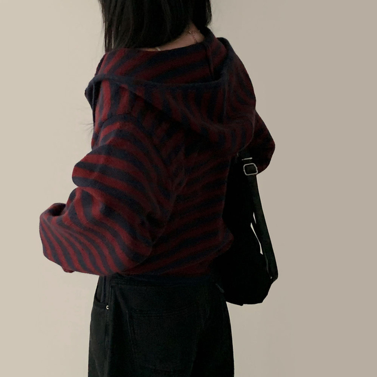 ストライプニットフードジップアップ PLUM