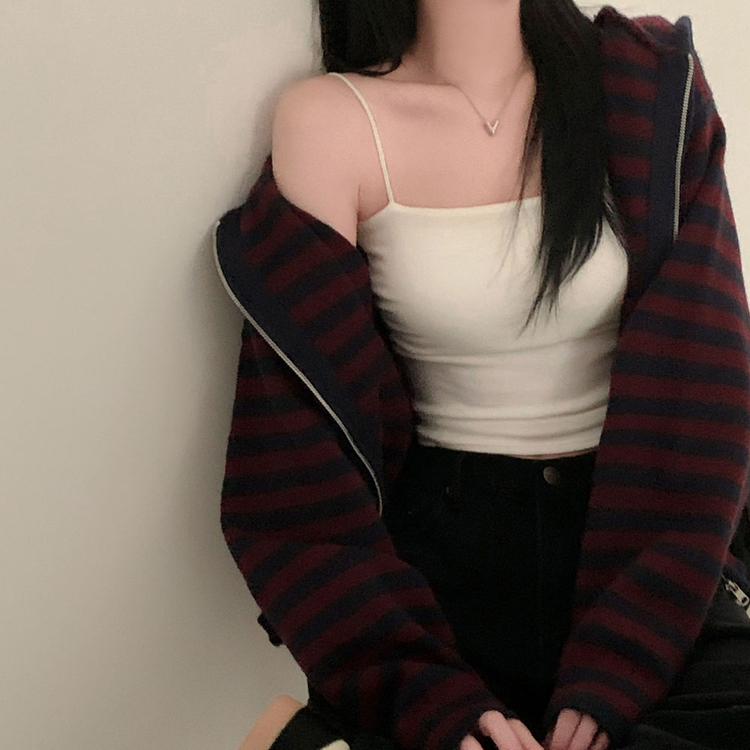 ストライプニットフードジップアップ PLUM