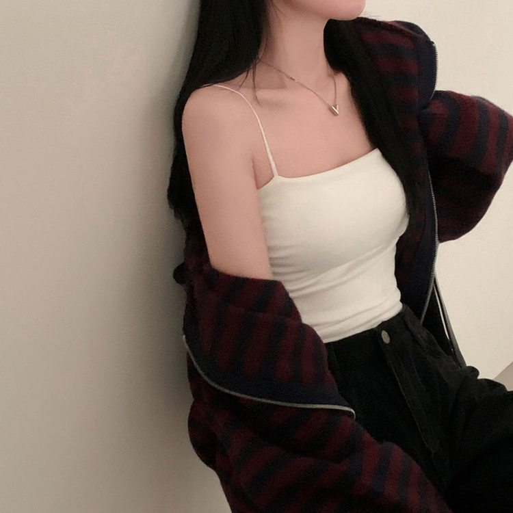 ストライプニットフードジップアップ PLUM