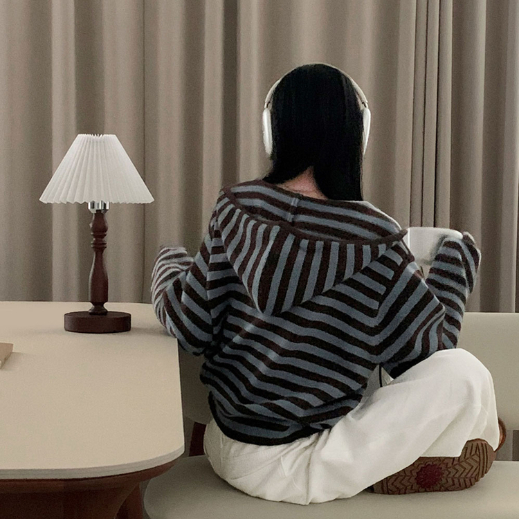 ストライプニットフードジップアップ AQUA