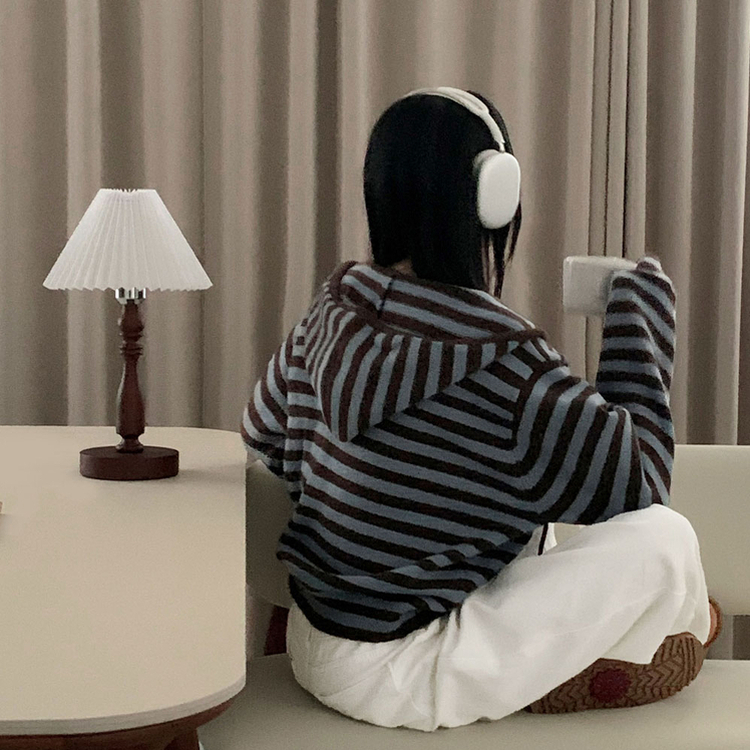 ストライプニットフードジップアップ AQUA