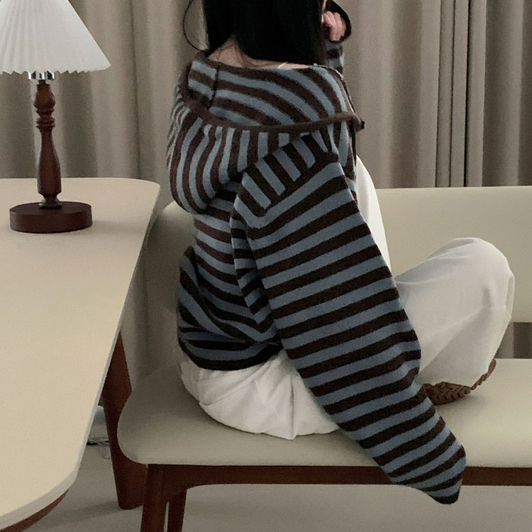 ストライプニットフードジップアップ AQUA