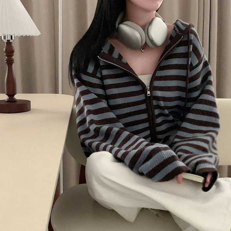 ストライプニットフードジップアップ AQUA