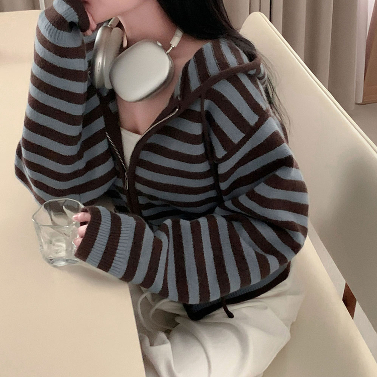 ストライプニットフードジップアップ AQUA