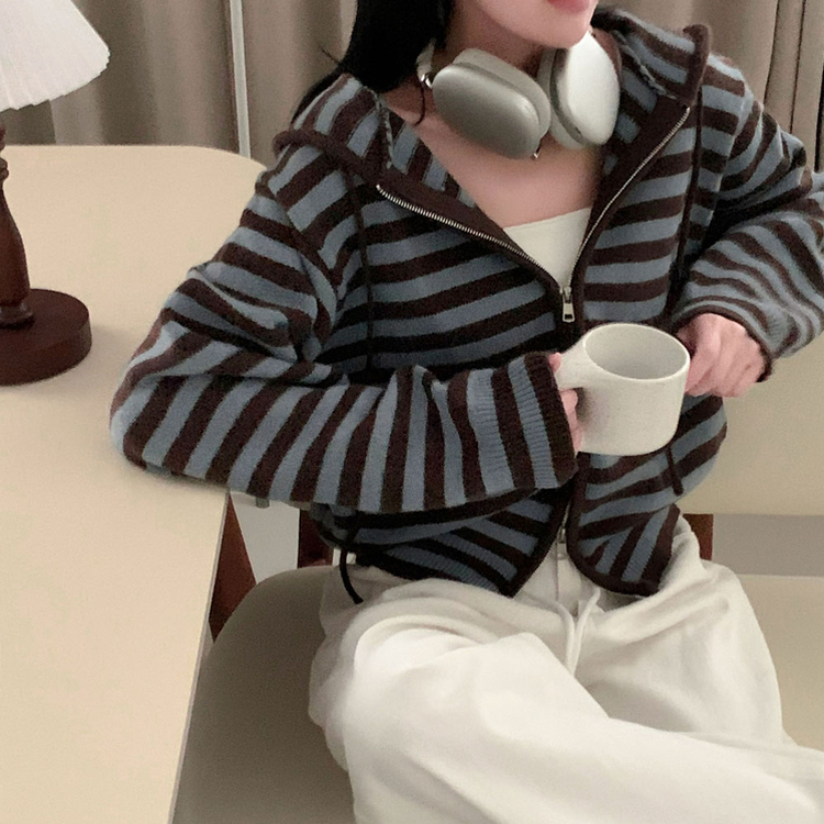 ストライプニットフードジップアップ AQUA