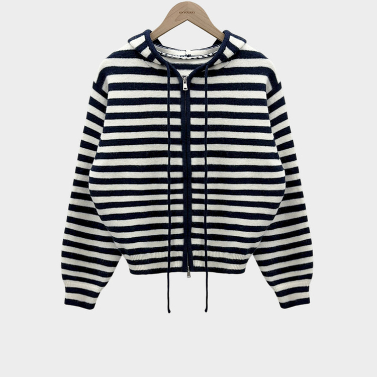 ストライプニットフードジップアップ