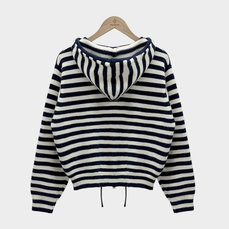 ストライプニットフードジップアップ