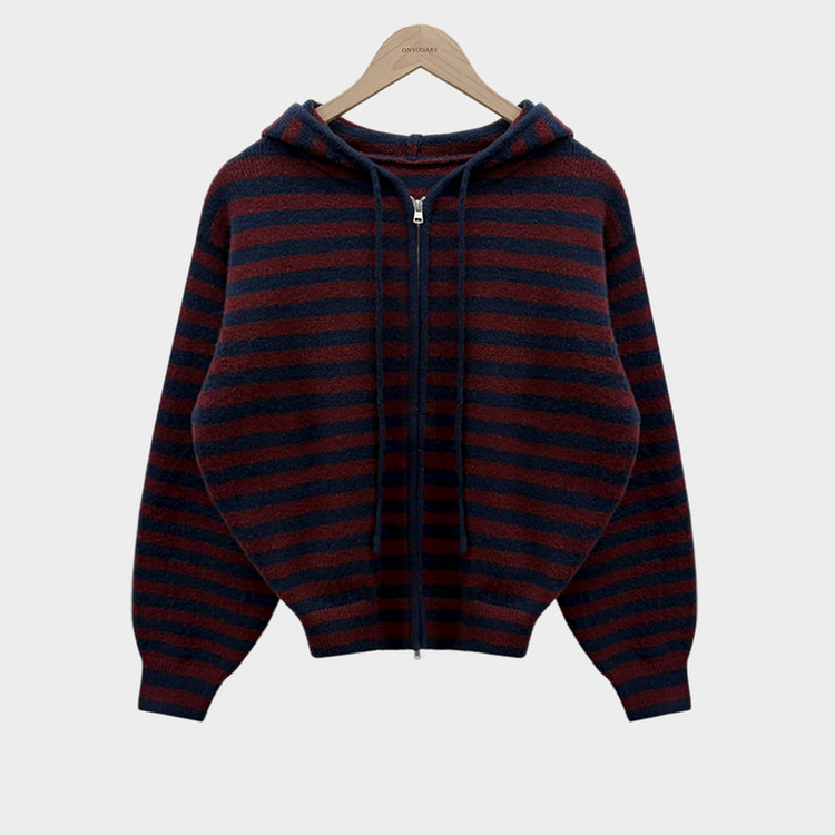 ストライプニットフードジップアップ