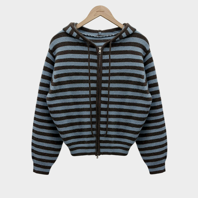 ストライプニットフードジップアップ