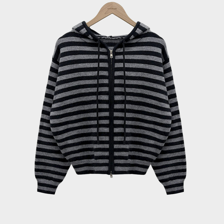 ストライプニットフードジップアップ
