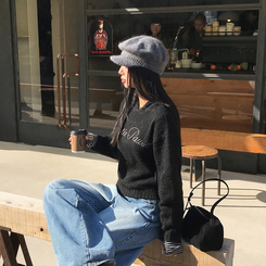 レタリングフードウールニット BLACK