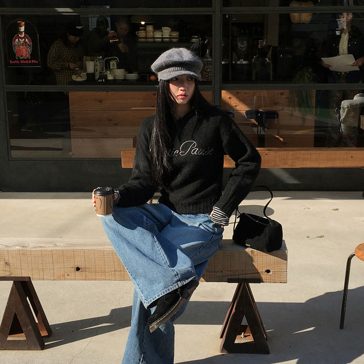 レタリングフードウールニット BLACK