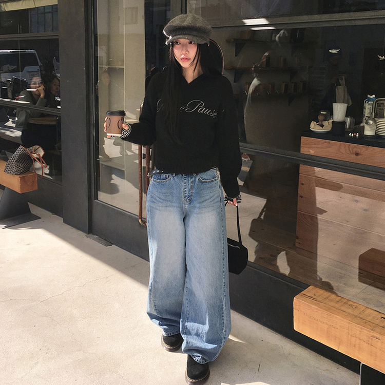 レタリングフードウールニット BLACK