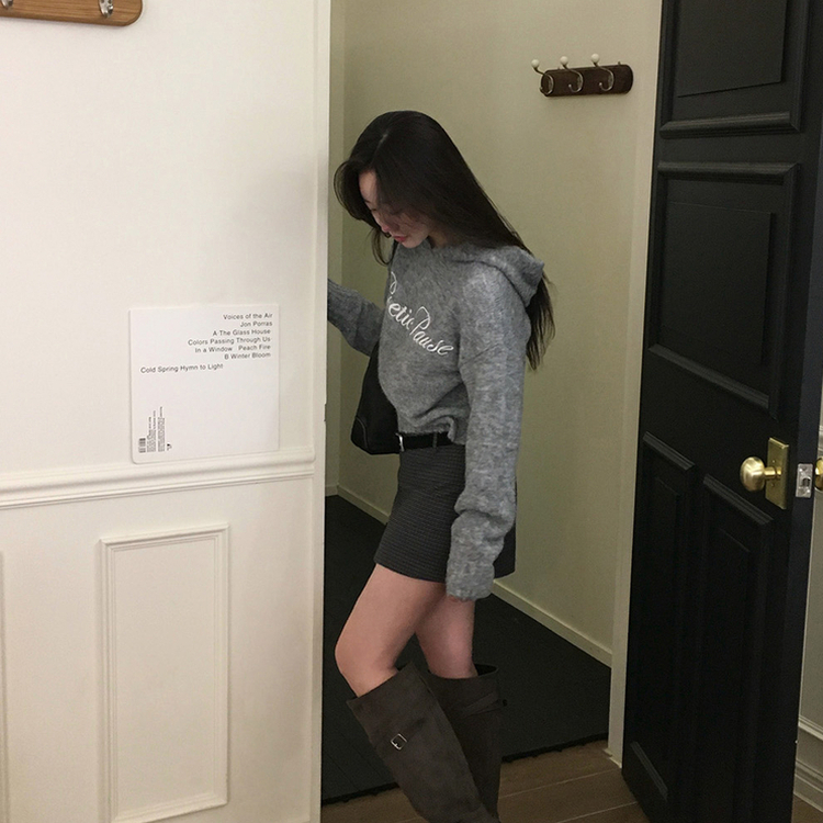 レタリングフードウールニット GREY