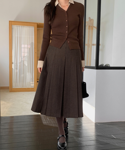 ヘリンボーンウールプリーツミディスカート BROWN