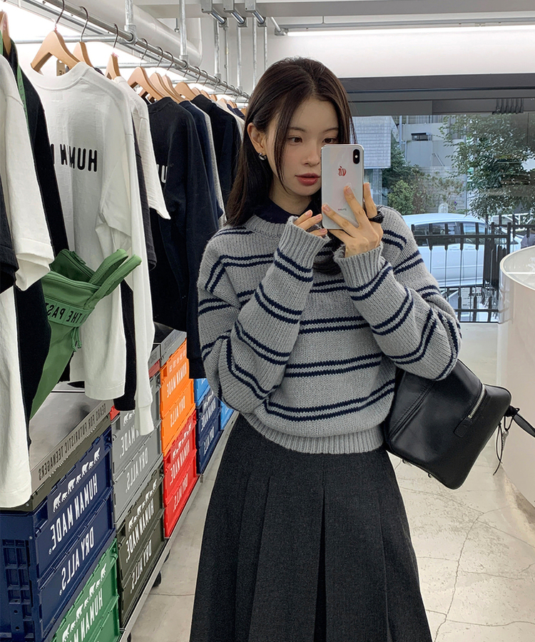 ヘリンボーンウールプリーツミディスカート Deep Charcoal