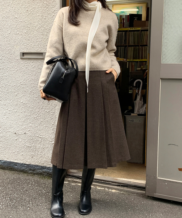 ヘリンボーンウールプリーツミディスカート BROWN