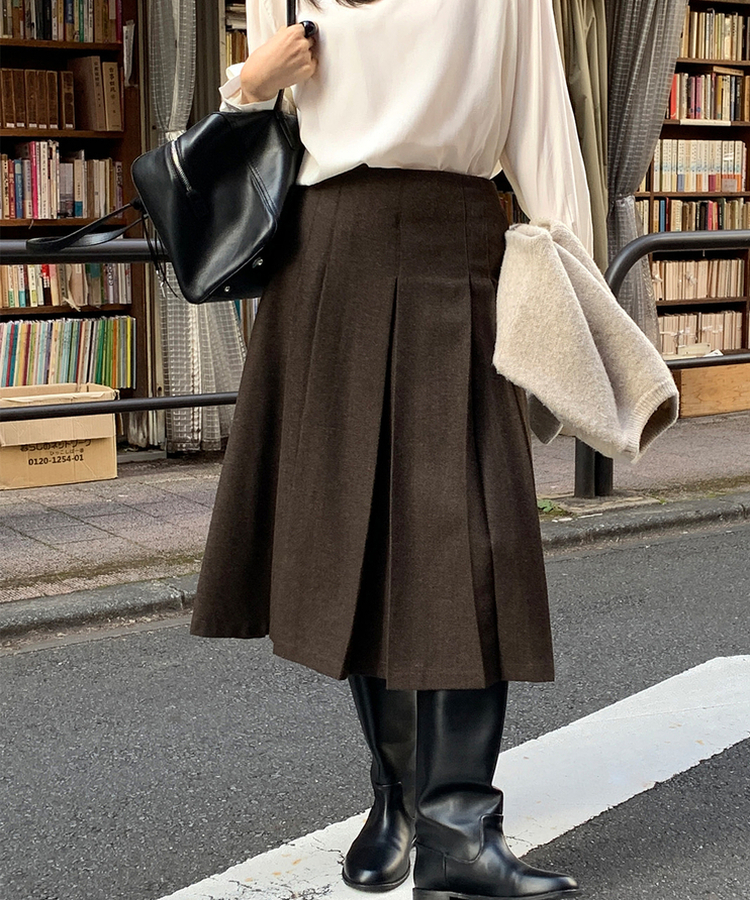 ヘリンボーンウールプリーツミディスカート BROWN