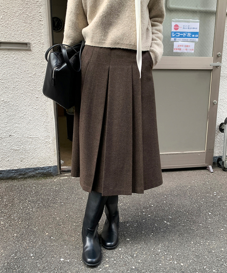 ヘリンボーンウールプリーツミディスカート BROWN