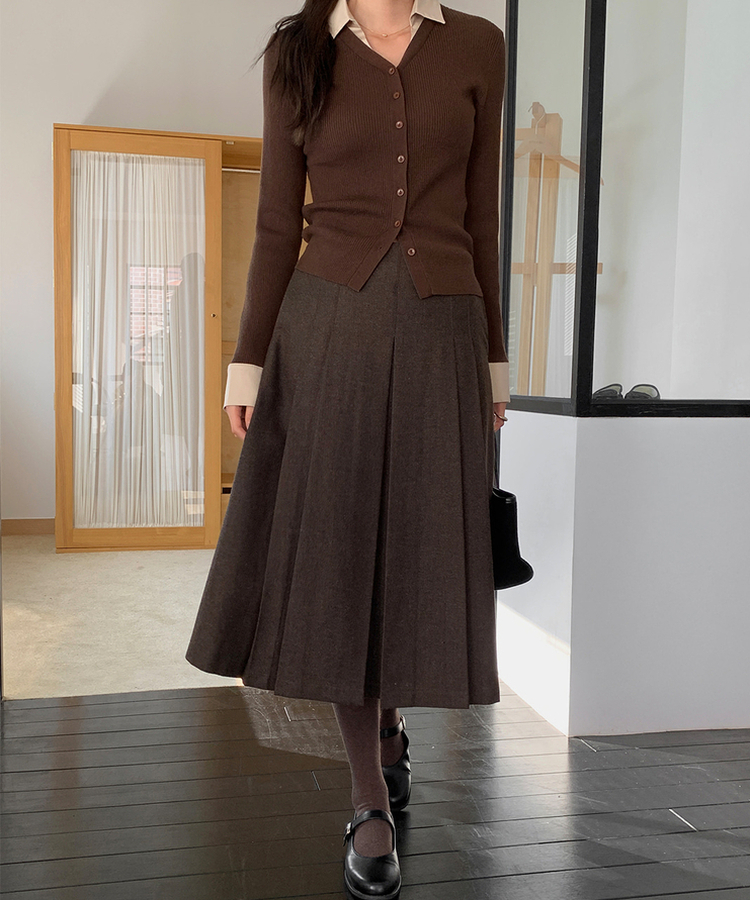 ヘリンボーンウールプリーツミディスカート BROWN