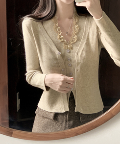 レースホールターレイヤードカーディガン BEIGE