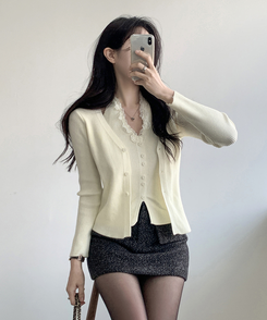レースホールターレイヤードカーディガン IVORY