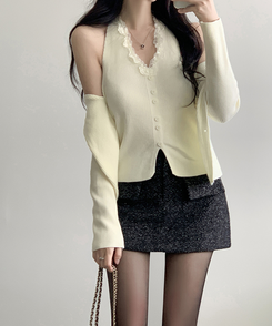 レースホールターレイヤードカーディガン IVORY