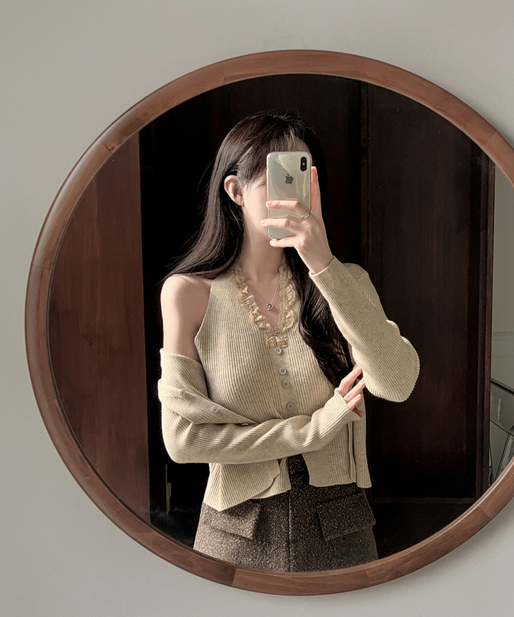 レースホールターレイヤードカーディガン BEIGE